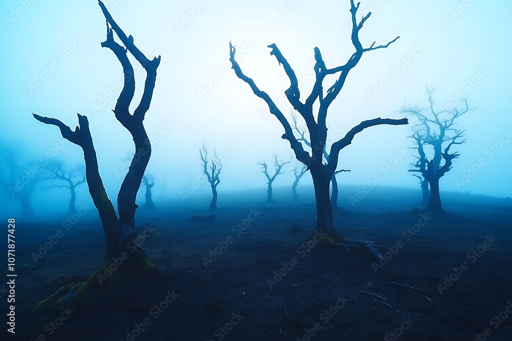Silhouettes of bare trees in a dense fog, creating an eerie and mysterious atmosphere. Silhouettes of bare trees in a dense fog, creating an eerie and mysterious atmosphere.