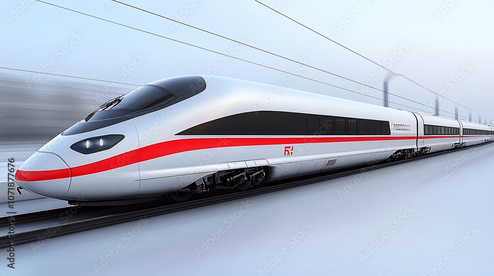 A sleek, white high-speed train speeds along a track with a blur of motion behind it. The train is modern and has red accents on the front, and the background is a light blue sky. A sleek, white high-speed train speeds along a track with a blur of motion behind it. The train is modern and has red accents on the front, and the background is a light blue sky.