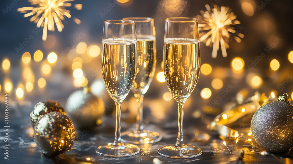 Elegant champagne glasses with golden bubbles surrounded by festive decorations and sparkling lights, evoking celebration, joy, and holiday cheer. Elegant champagne glasses with golden bubbles surrounded by festive decorations and sparkling lights, evoking celebration, joy, and holiday cheer.