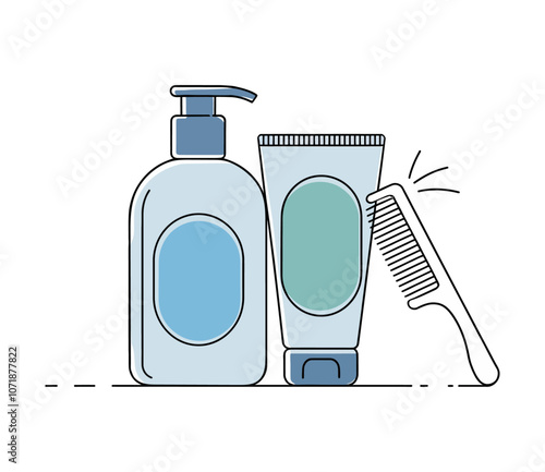 Minimalist Illustration of Shampoo Bottle, Conditioner Tube, and Comb on Transparent Background