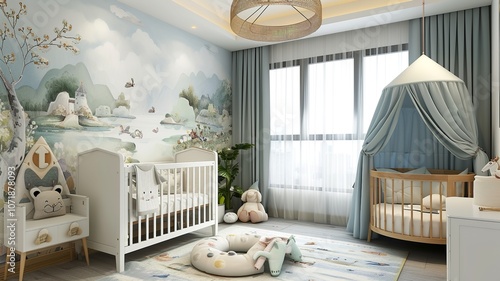 AI generated image. A decorative, colorful baby room with a modern pattern and special wall decor