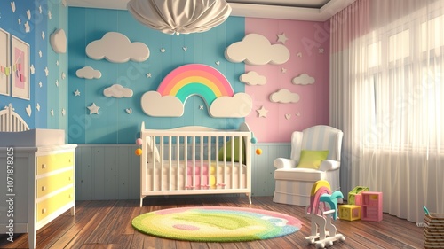 AI generated image. A decorative, colorful baby room with a modern pattern and special wall decor