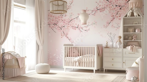 AI generated image. A decorative, colorful baby room with a modern pattern and special wall decor