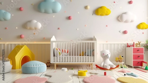 AI generated image. A decorative, colorful baby room with a modern pattern and special wall decor