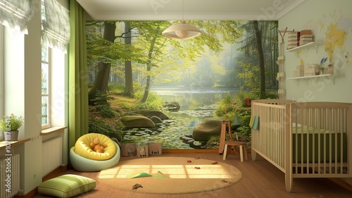 AI generated image. A decorative, colorful baby room with a modern pattern and special wall decor