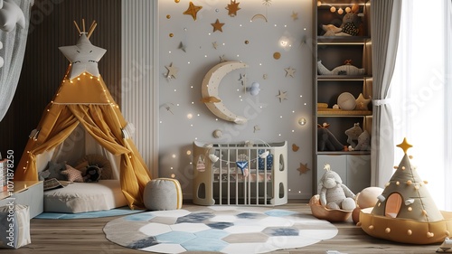 AI generated image. A decorative, colorful baby room with a modern pattern and special wall decor
