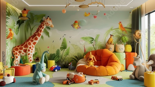 AI generated image. A decorative, colorful baby room with a modern pattern and special wall decor