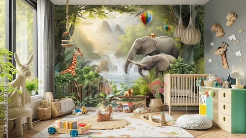 AI generated image. A decorative, colorful baby room with a modern pattern and special wall decor