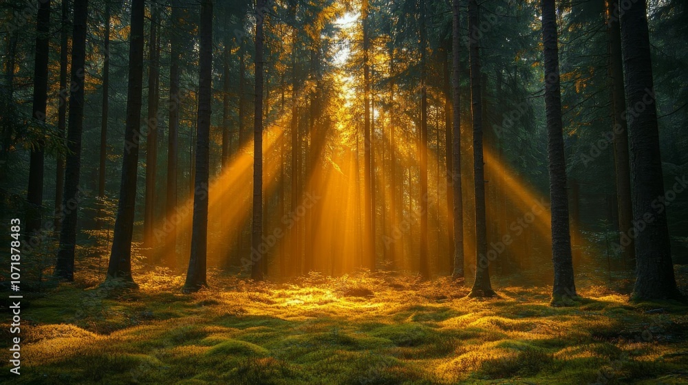 Fototapeta premium Golden sunlight beams through trees.