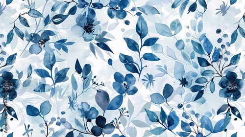 Wallpaper Mural Elegant Blue Watercolor Background with Plants and Flowers - a serene and artistic visual. The blue watercolor design evokes a calm and natural scene Torontodigital.ca