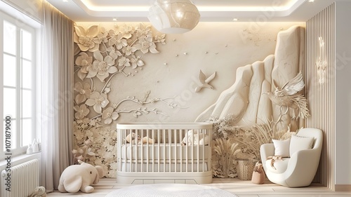 AI generated image. A decorative, colorful baby room with a modern pattern and special wall decor