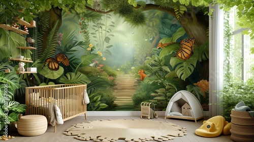 AI generated image. A decorative, colorful baby room with a modern pattern and special wall decor