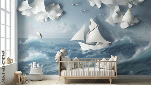 AI generated image. A decorative, colorful baby room with a modern pattern and special wall decor