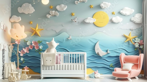 AI generated image. A decorative, colorful baby room with a modern pattern and special wall decor