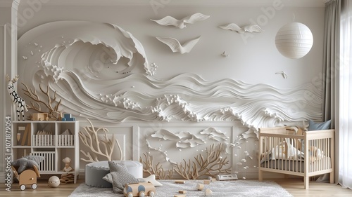 AI generated image. A decorative, colorful baby room with a modern pattern and special wall decor