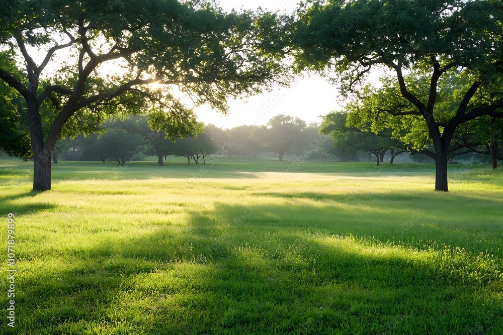 Sunbeams shine through trees in a green grassy field. Sunbeams shine through trees in a green grassy field.