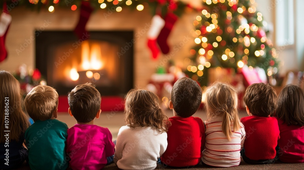 Joyful children in cozy sweaters sit by twinkling Christmas tree, surrounded by gifts festive decorations, sharing holiday excitement. Joyful children in cozy sweaters sit by twinkling Christmas tree, surrounded by gifts festive decorations, sharing holiday excitement.