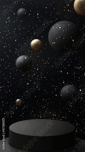 Black podium against luxurious gold black backdrop  perfect for showcasing elegance sophistication.