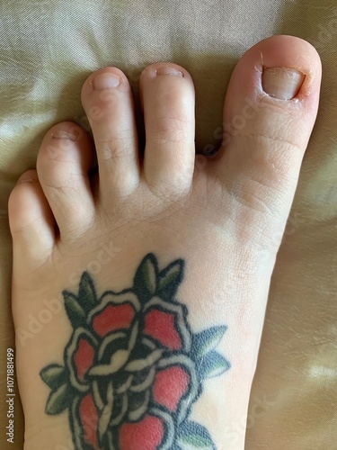Female foot with flower tattoo and big toe with ingrowing toenail damage