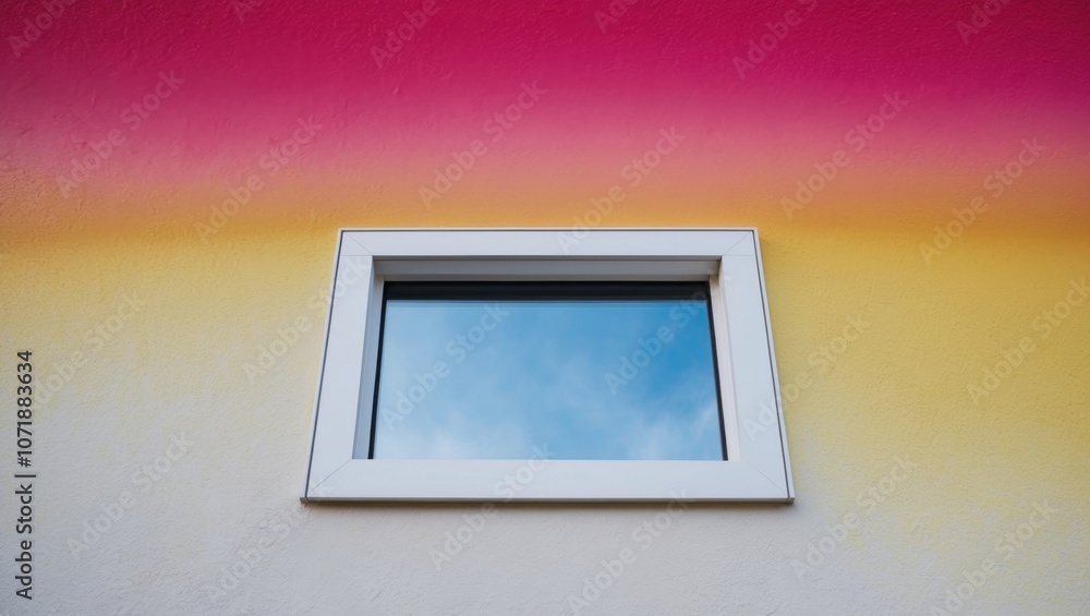 Fototapeta premium Exterior wall with a bright pink and yellow color scheme featuring a single window.