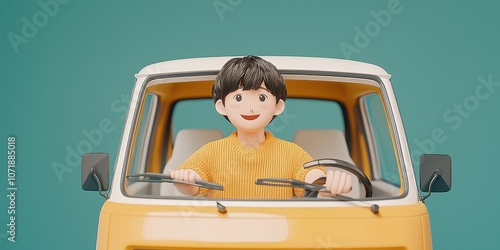 A cheerful character driving a yellow vintage van, ideal for travel-themed content. photo