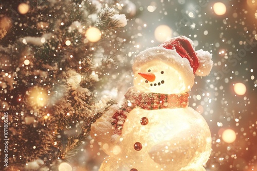 Snowman with carrot nose, coal eyes stands before decorated Christmas tree, twinkling lights, red ornaments, snowy ground.