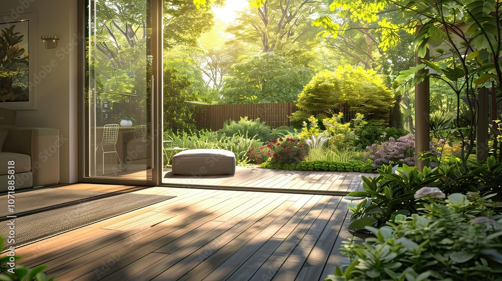 Serene outdoor space with a small wooden deck nestled in a flourishing garden, offering a glimpse of a contemporary living room through the glass doors. Serene outdoor space with a small wooden deck nestled in a flourishing garden, offering a glimpse of a contemporary living room through the glass doors.