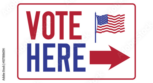 Vote here, polling place sticker. Direction to the voting place. Flat vector illustration isolated on white background.