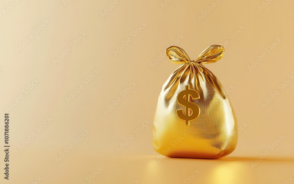 3D golden money bag illustration with a dollar sign on a soft beige background with a golden gradient. 3D golden money bag illustration with a dollar sign on a soft beige background with a golden gradient.