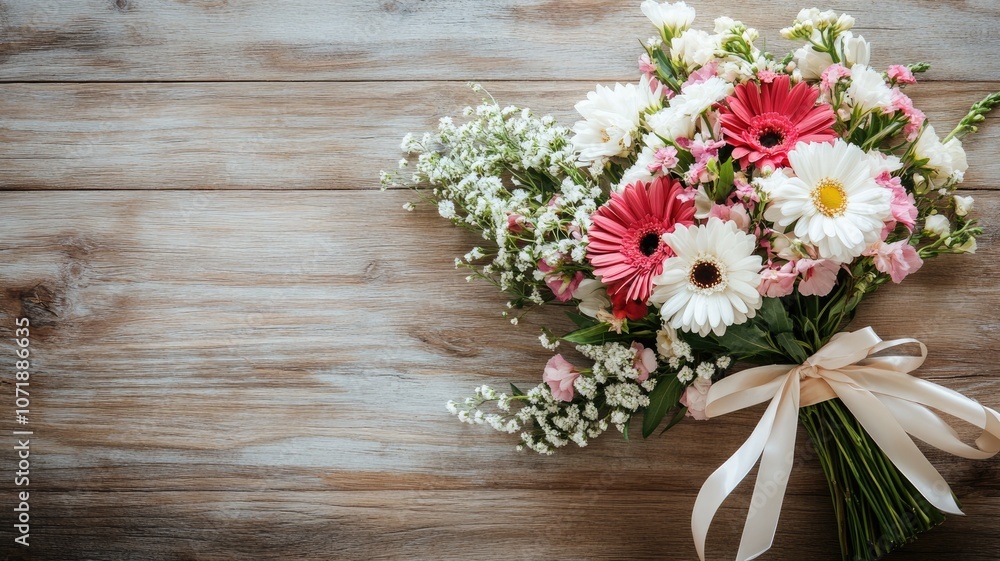 Bouquet of colorful flowers with ribbon on wooden background Bouquet of colorful flowers with ribbon on wooden background