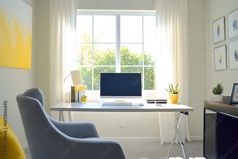 Fototapeta premium A modern home office setup with bold accents and sleek, minimalistic furniture