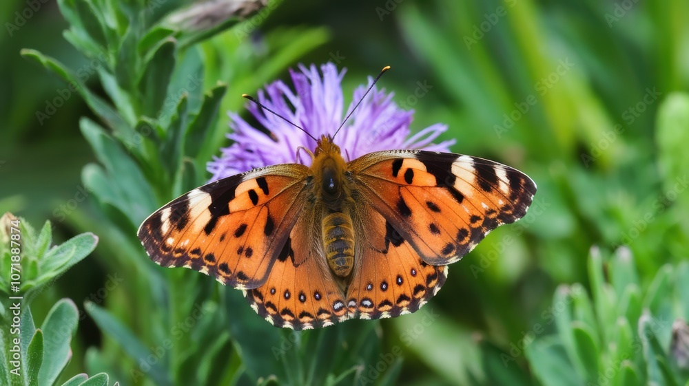 Obraz premium Beautiful Painted Lady Butterfly on Purple Flower