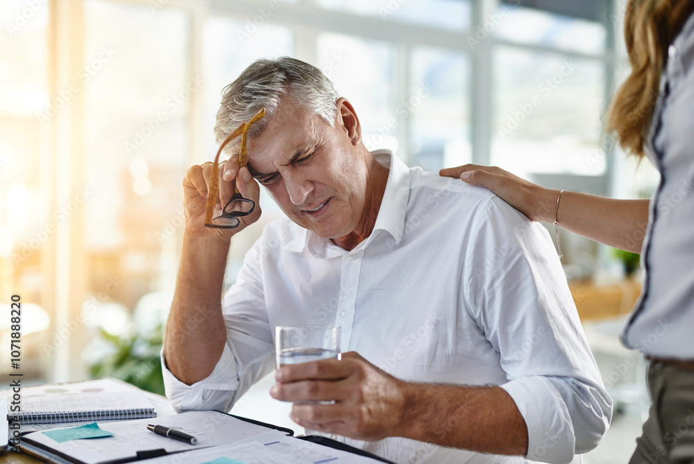 © peopleimages.com - Water, headache and business man at desk with executive and hydration for health with staff support. Pain, glass and mature professional with stress and anxiety from deadline with burnout and project © peopleimages.com - Water, headache and business man at desk with executive and hydration for health with staff support. Pain, glass and mature professional with stress and anxiety from deadline with burnout and project