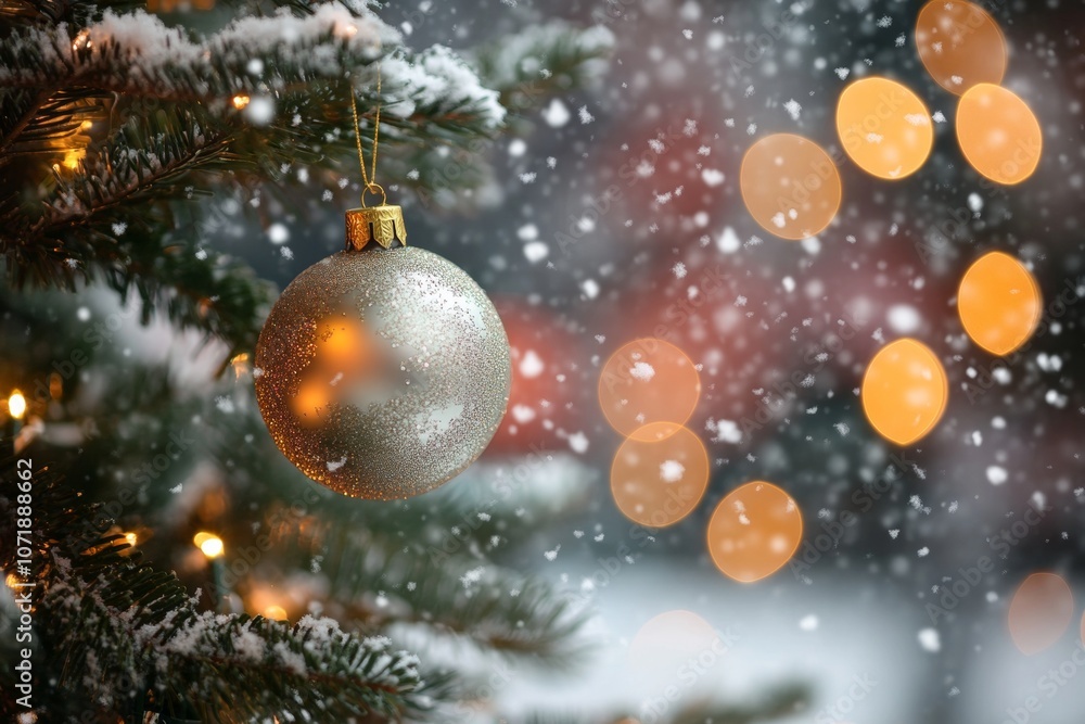 Festive Christmas tree adorned with gold ornament, twinkling lights, lush green branches, capturing holiday warmth. Festive Christmas tree adorned with gold ornament, twinkling lights, lush green branches, capturing holiday warmth.
