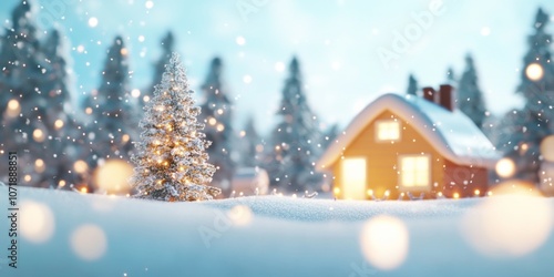 Snowcovered Christmas tree glows with lights, cozy house in background, creating festive winter wonderland scene.