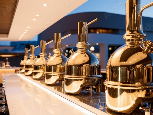 Brass distillery equipment gleaming in a modern bar at dusk.