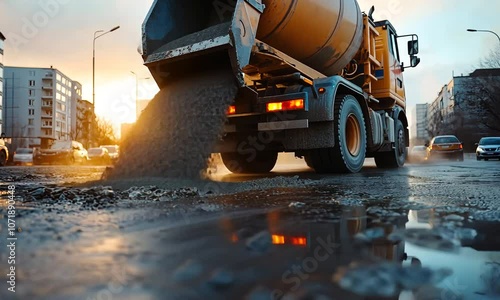 A concrete mixer truck pours fresh concrete onto a street during sunset, creating a reflective surface. The scene captures construction activity in an urban environment. photo