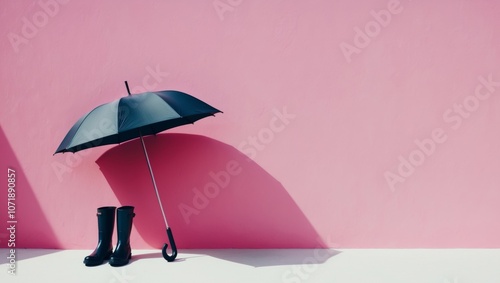 Umbrella and boots near color wall with space for. photo