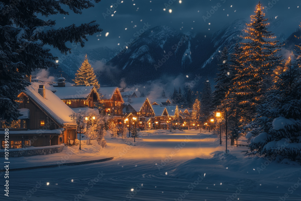 Cozy Snow-Covered Village at Night with Warm Lighting Cozy Snow-Covered Village at Night with Warm Lighting