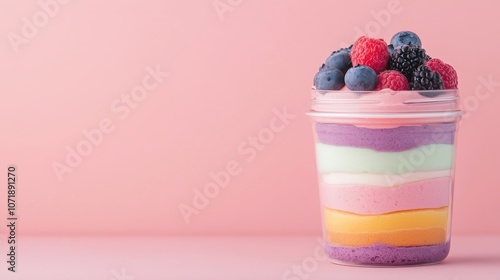 Delight in every layer enjoying a colorful layered dessert cup topped with fresh berries photo