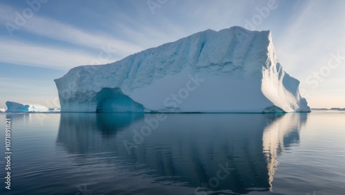 Iceberg reflection on calm arctic waters in bright sunlight. photo