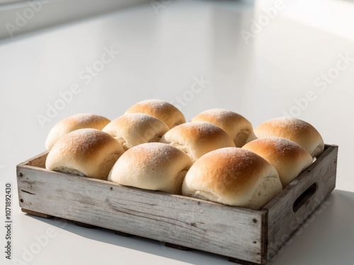 Freshly baked rolls displayed in a wooden crate on a white surface. photo