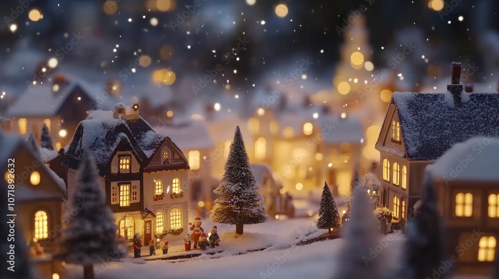 Fototapeta premium Small town square adorned with glowing Christmas lights, featuring festive Christmas tree under starry winter sky.