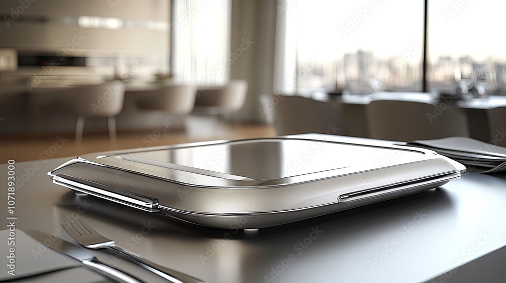 Sleek modern food warmer displayed on an elegant dining table in a sophisticated interior setting, showcasing luxury and contemporary design aesthetics for culinary experiences Sleek modern food warmer displayed on an elegant dining table in a sophisticated interior setting, showcasing luxury and contemporary design aesthetics for culinary experiences