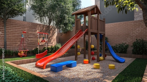 Colorful Outdoor Playground with Slides, Swings, and Climbing Structure Surrounded by Greenery in a Residential Yard on a Sunny Day