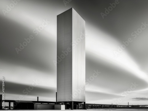 Modern steel structure under a cloudy sky in an industrial area.