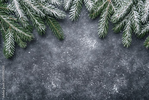 Wallpaper Mural Snowdusted fir branches against dark backdrop, capturing serene winter essence with rich green white contrast. Torontodigital.ca