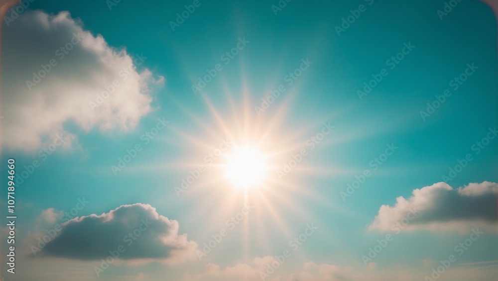 Bright sun illuminating fluffy clouds in a clear blue sky. Bright sun illuminating fluffy clouds in a clear blue sky.