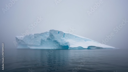 Solitary iceberg glowing in misty waters.