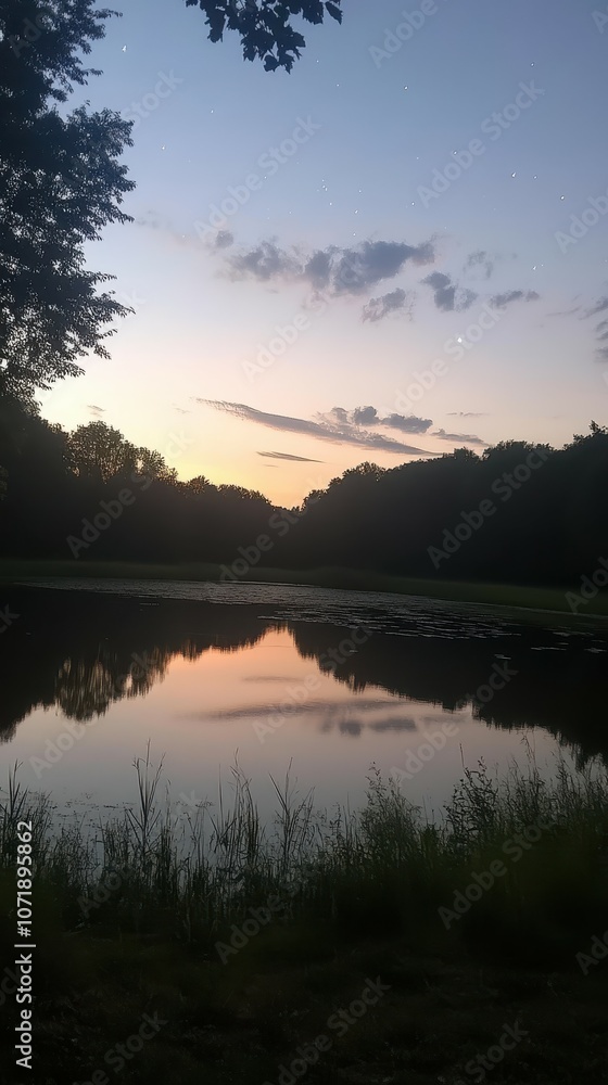 Witness the evening sky transform over a tranquil lake as stars begin to appear Witness the evening sky transform over a tranquil lake as stars begin to appear